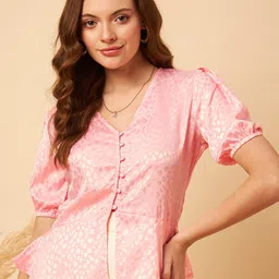 MINT STREET Abstract Woven Design Puff Sleeve V-Neck Jacquard Satin Peplum Top-image-82