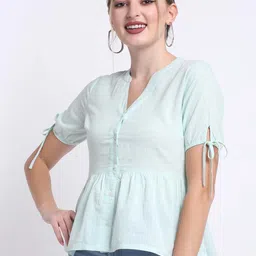 FAABRIQ Mandarin Collar Gathered Detail Pure Cotton A-Line Top-picture-12