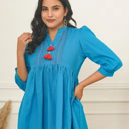 Adveta Embroidered Mandarin Collar Puff Sleeves Cotton Peplum Top-picture-13