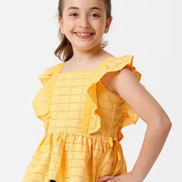 KATE & OSCAR Girls Self Design Square Neck Flutter Sleeves Schiffli Cotton Peplum Top image 3