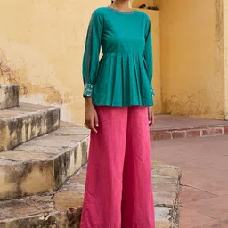OKHAI Embroidered Mirror and Beadwork Cuffed Sleeves Cotton Peplum Top image 3