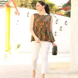DECKEDUP Print Tie-Up Neck Ethnic Cotton Peplum Top image 2