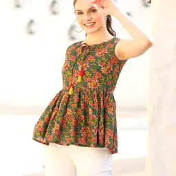 DECKEDUP Print Tie-Up Neck Ethnic Cotton Peplum Top image 4