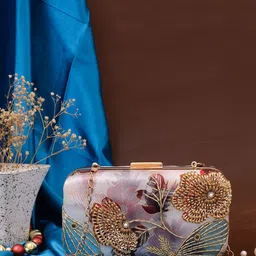 Swisni Brown & Gold-Toned Embroidered Box Clutch-image-21