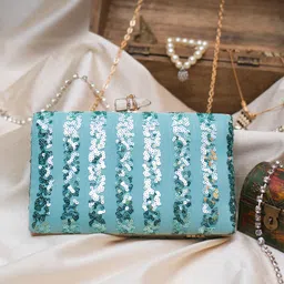 ARTKLIM Blue & Silver-Toned Embroidered Embellished Box Clutch image 1