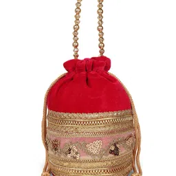 LIKAA Red & Gold Sequins Embellished & Lace Work Potli Clutches-picture-12