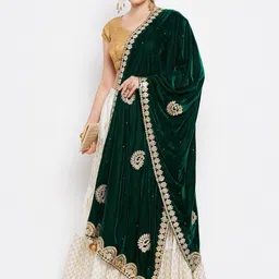 Clora Creation Green & Gold-Toned Ethnic Motifs Embroidered Velvet Dupatta with Gotta Patti image 5