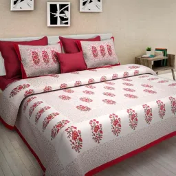 uniqchoice Red Floral 120 TC Cotton Queen Sized Bedsheet with 2 Pillow Cover-picture-32
