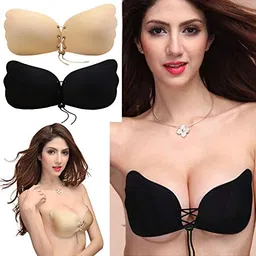 segolike Sexy Women Silicone Adhesive Invisible Wing Bra Stick Gel Push Up Backless Strapless Rope Wedding Dress Black/Beige image 5