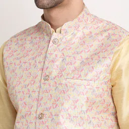 KRAFT INDIA Men Yellow & Pink Printed Nehru Jacket image 2