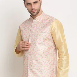 KRAFT INDIA Men Yellow & Pink Printed Nehru Jacket image 5