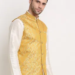 KRAFT INDIA Men Gold-Toned Jacquard Woven Design Nehru Jacket image 5