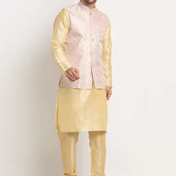 KRAFT INDIA Men Yellow & Pink Printed Nehru Jacket image 3