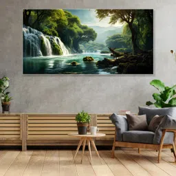nestroots White Canvas Framed Enchanted Forest Waterfall Pink Serenity Wall Painting(24X48 Inch)-picture-30