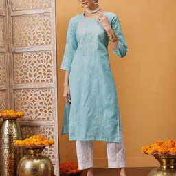 ADA Women Plus Size Blue & White Pure Cotton Ethnic Motifs Embroidered Chikankari Handloom Kurta-picture-32