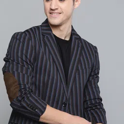 Mast & Harbour Men Navy Blue And Brown Striped Regular Fit Smart Casual Blazer-image-2