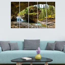 WENS Set of 5 Green & Brown Waterfall In Mountains Velvet Laminated Panelled Wall Painting-picture-14