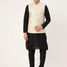 SOJANYA Men Black Solid Kurta with Churidar & Nehru Jacket-picture-34