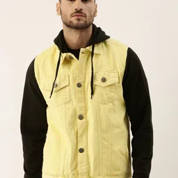 Campus Sutra Men Yellow & Black Windcheater Hooded Denim Jacket-picture-29
