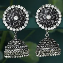 Sukkhi Rhodium-Plated Silver-Toned Dome Shaped Oxidised Jhumkas-image-57
