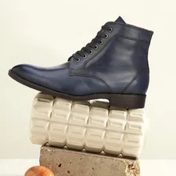 Hitz Men Blue & Black Solid Leather Comfort-Fit High-Top Formal Boots-image-15