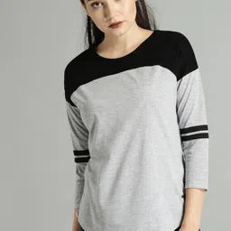 roadster Women Colorblock Round Neck Pure Cotton Grey T-Shirt-picture-13