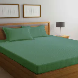 Green Striped 300 TC Cotton Blend Double Queen Bedsheet With 2 Pillow Covers-image-47