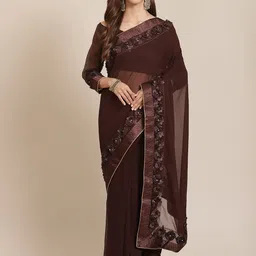 SERONA FABRICS Brown Floral Embellished Pure Georgette Saree-image-19