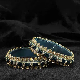 ZULKA Set of 2 Glass Golden Kundan & Zircon Stone Stylish Bangles Kada-image-37