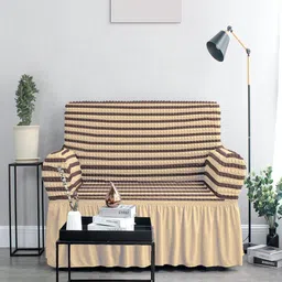 Cortina Beige & Cream-Coloured Striped Stretchable Two Seater Sofa Cover-image-89