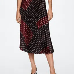 MANGO Coffee Brown & Maroon Geometric Print Accordion Pleated A-Line Midi Skirt-picture-37