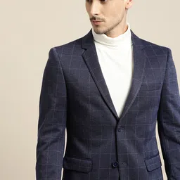 INVICTUS Men Navy Blue & White Self-Checked Single-Breasted Slim Fit Smart Casual Blazer image 2