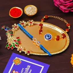 pride store Rudraksh Rakhi Set 3862 Mauli Thread Rakhi, Thali, Chawal Roli Pack, Greeting Card, Showpiece Set-picture-27