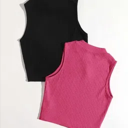 usk collections Pack of 2 Casual Sleeveless Self Design Women Black, Pink Top-picture-11