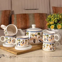 edencart Pack of 7 Ceramic Tea Kettle with 6 Matching Tea Cups |Traditional Floral Design Ideal for Gifting-picture-48