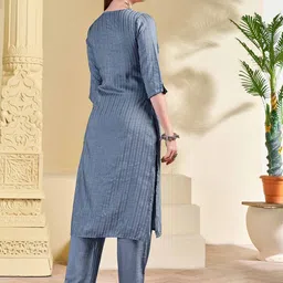 KALINI Striped Round Neck Straight Kurta with Trousers image 4