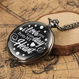 Tiny Tim Royal Gandhi Style Premium Gift Partner I Luv You From My Heart Engrave Keychain for Boyfriend, Girlfriend, Wife or Husband Best For Valentines day Proposal Black Metal Pocket Watch Chain-picture-10
