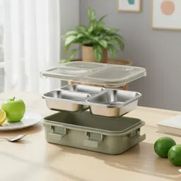 kello Steel Lunch Box, Leak-Proof Tiffin Box for School & Kids With Spoon & Fork A21 3 Containers Lunch Box image 4