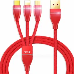 FASTX Power Sharing Cable 1 m Nylon braided Red 3 in 1 Multi Charging Cable (Not for Data Transfer) Type C, Micro Cable image 1