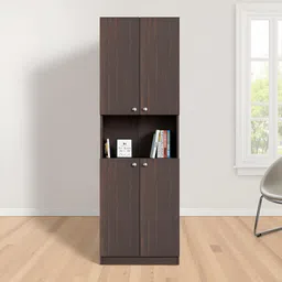 furneaser Vault Tall Bookshelf Display Cabinet Rack with Door, Engineered Wood Semi-Open Book Shelf-picture-12