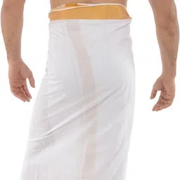 Gugaliya Premium White Cotton Men’s Single Open Dhoti with Broad 5 cm Golden Jari Border Solid Men Dhoti image 2