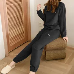 stem rope Women Night Suit Set Black Solid image 3