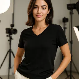 juneberry Women Solid V Neck Pure Cotton Black T-Shirt-picture-34