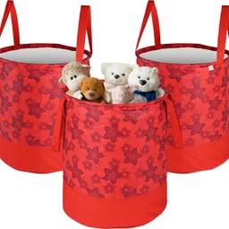 homestic Cotton Pack of 3 Flower Print Foldable 45L Toys Organizer for Kids Room | Red Storage Basket-picture-11