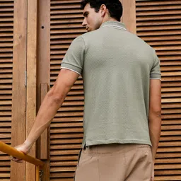 campus sutra Men Self Design Polo Neck Cotton Blend Green T-Shirt image 3