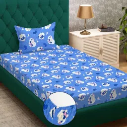 klotthe Blue Cartoon Characters 400 TC Pure Cotton Fitted Single Bedsheet with Pillow Cover image 1