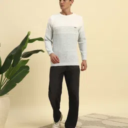 canblar Men Self Design Round Neck Grey, White Sweater image 4