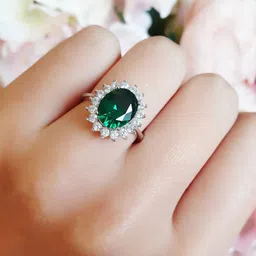 zarkan Hallmark Silver Green American Diamond Oval Shape Ring For Girls Silver Zircon Rhodium Plated Ring image 1