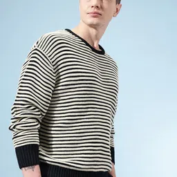 Men Striped Round Neck Black, Beige Sweater-image-16
