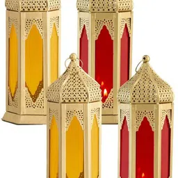 Decorative Hanging Lantern,(Set of 4) Gold Iron Hanging Lantern Red, Yellow Iron Hanging Lantern-image-21